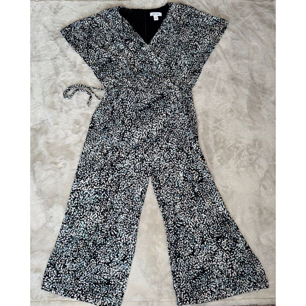 Calvin Klein Black Floral Print Wide Leg Wrap Jumpsuit Zip Back Size 6